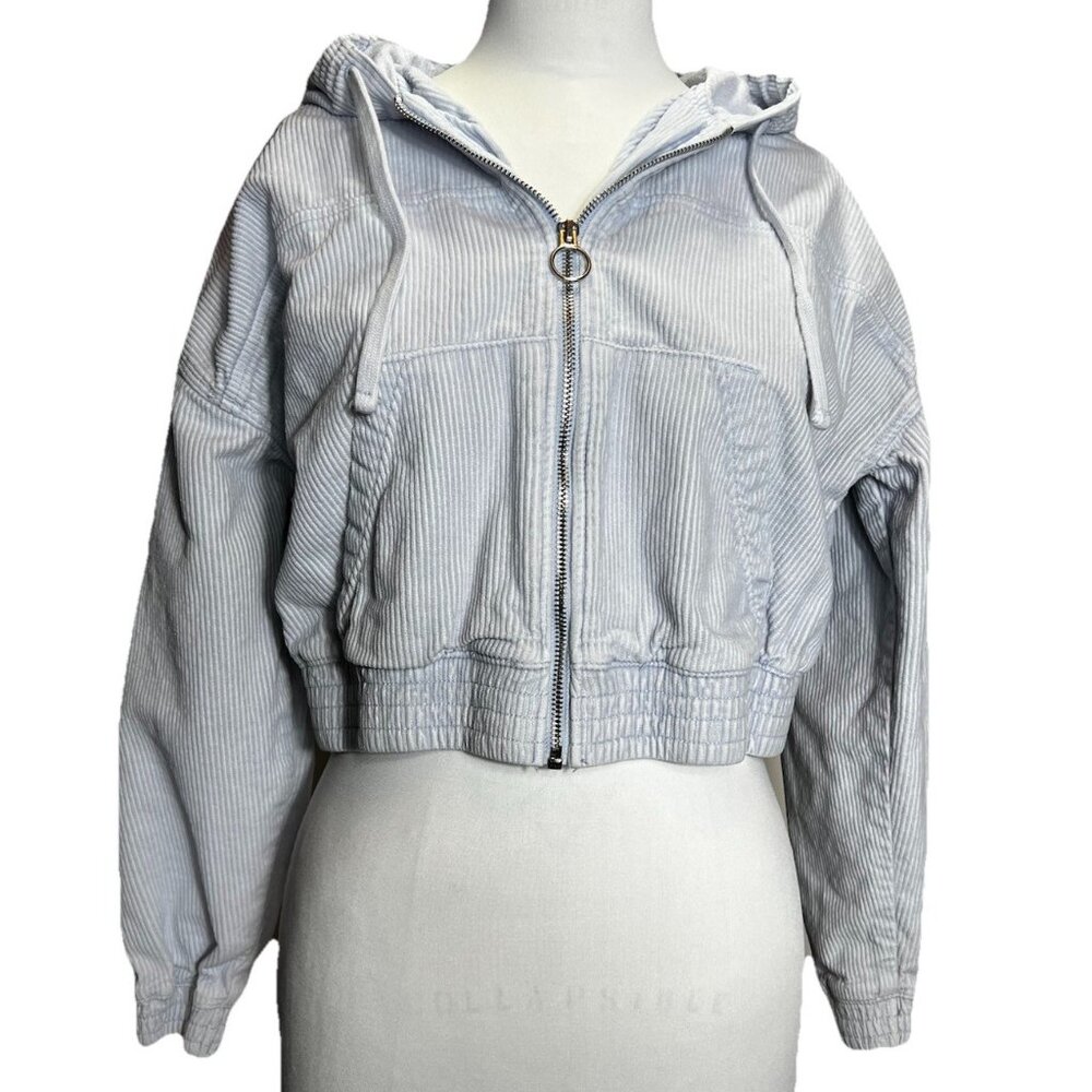 Hollister Crop Corduroy Hooded Jacket‎ Zip Silver Pull Women's Size Medium